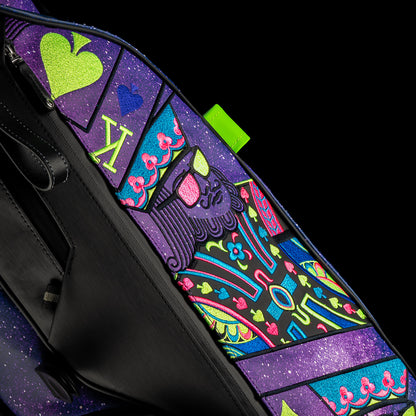 SWAG Golf x Vessel Lux Stand Bag with a purple and blue galaxy and playing card theme.