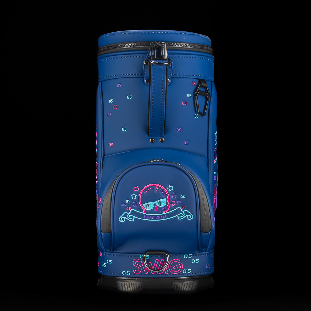 SWAG Golf navy blue golf bag zippered cooler with Abe Lincoln embroidered in neon pink and teal with $5 bill details.