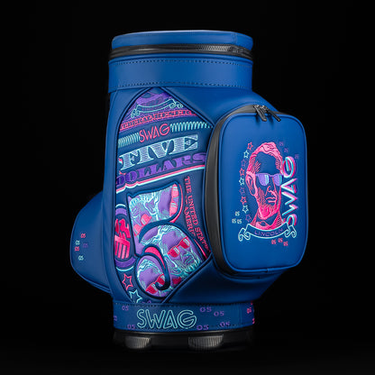 SWAG Golf navy blue golf bag zippered cooler with Abe Lincoln embroidered in neon pink and teal with $5 bill details.