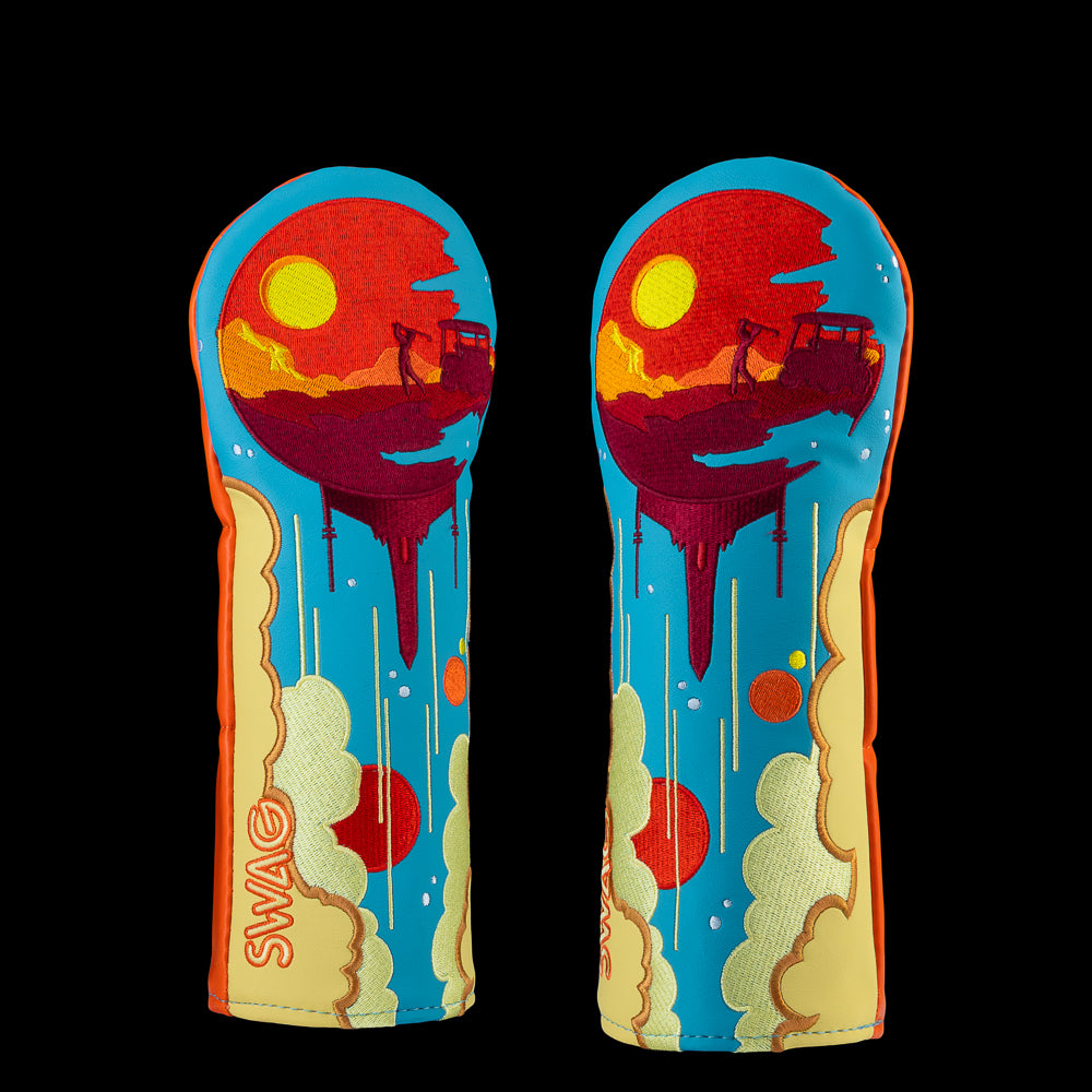 Retro space battle themed fairway headcover with red planet and golfer artwork
