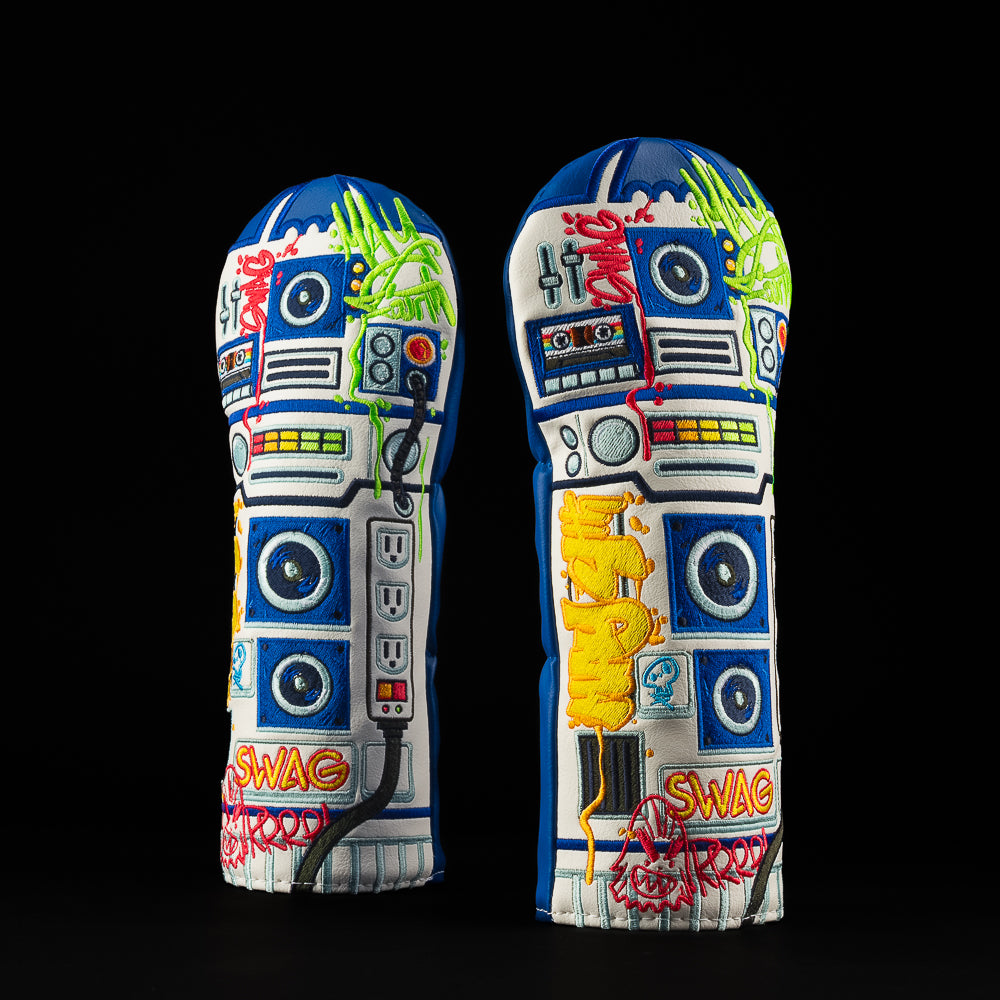 Robot inspired graffiti fairway headcover with speakers, buttons, and colorful SWAG artwork