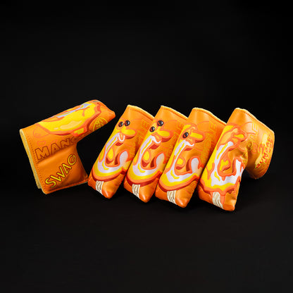 Melting Ice Cream orange, blue, black with red, yellow and pink blade golf club head cover. Made in the USA.