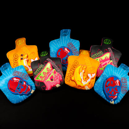 Melting Ice Cream orange, blue, black with red, yellow and pink mallet golf club head cover. Made in the USA.