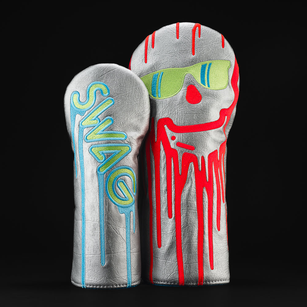 Melting Lava Skull in silver with light blue, neon green and lava red Wood Set headcover.