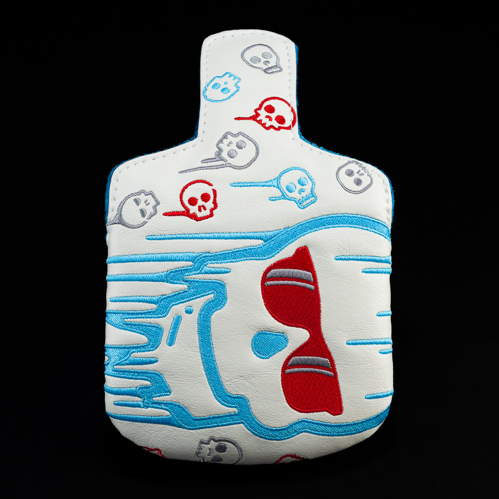 Melting Skull mallet golf headcover in white, blue, red and silver.