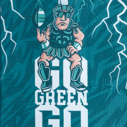 Golf towel with Michigan State Spartan logo and Go Green, Go White text on a black background