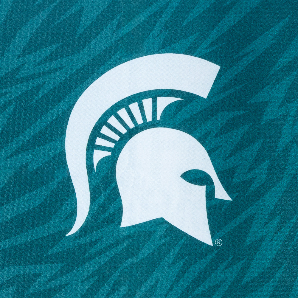 Golf towel with Michigan State Spartan logo and Go Green, Go White text on a black background