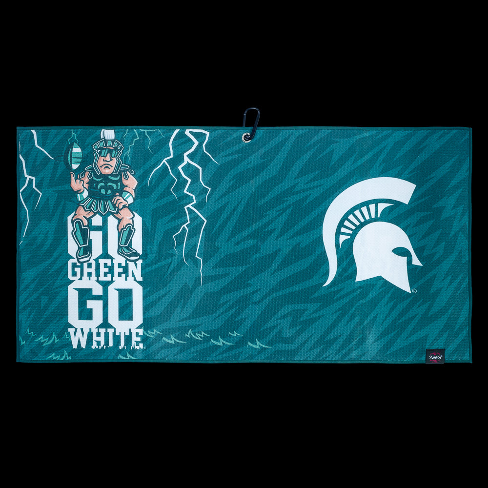 Golf towel with Michigan State Spartan logo and Go Green, Go White text on a black background