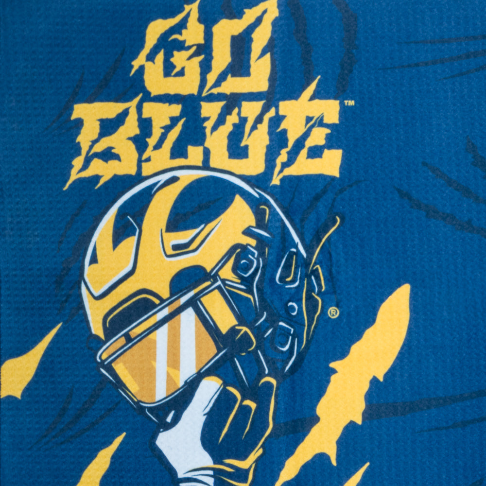 University of Michigan blue golf towel with yellow 'M' and 'Go Blue' text, featuring a football helmet graphic.