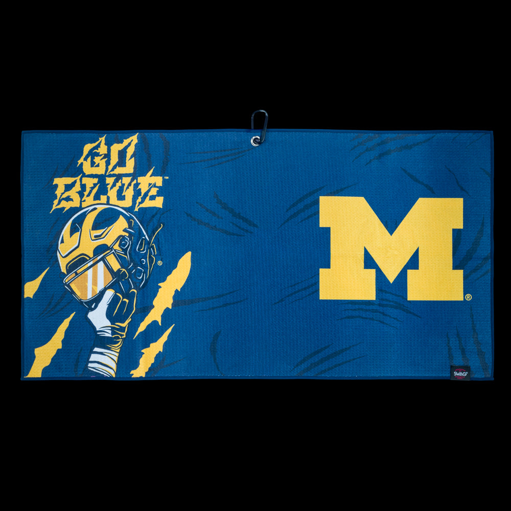 University of Michigan blue golf towel with yellow 'M' and 'Go Blue' text, featuring a football helmet graphic.
