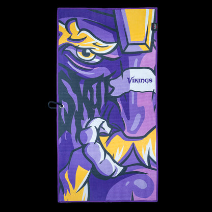 NFL Minnesota Vikings purple and yellow golf towel with a cartoonish depiction of a character holding a helmet, featuring the word 'Vikings'.