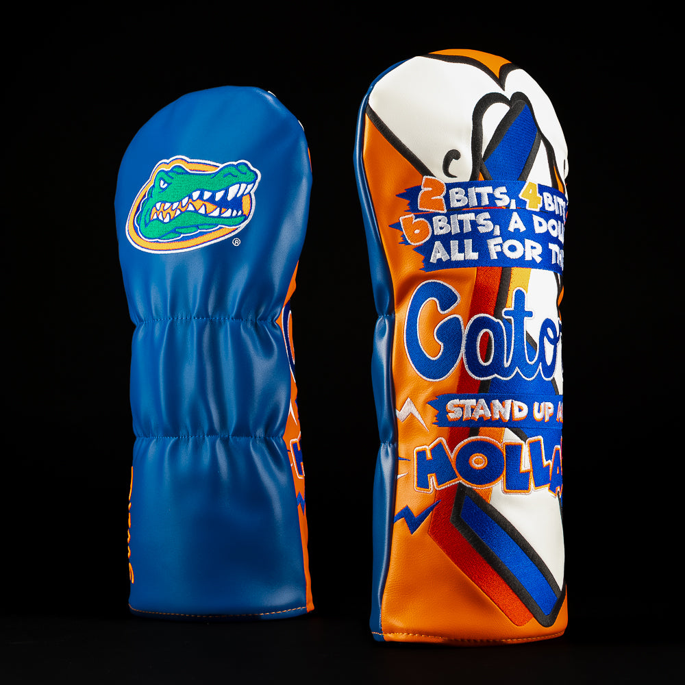 University of Florida Hollar Driver Cover in orange, blue, and white featuring megaphone-inspired graphics, Gators lettering, Stand Up & Hollar details, and Florida Gators logo.