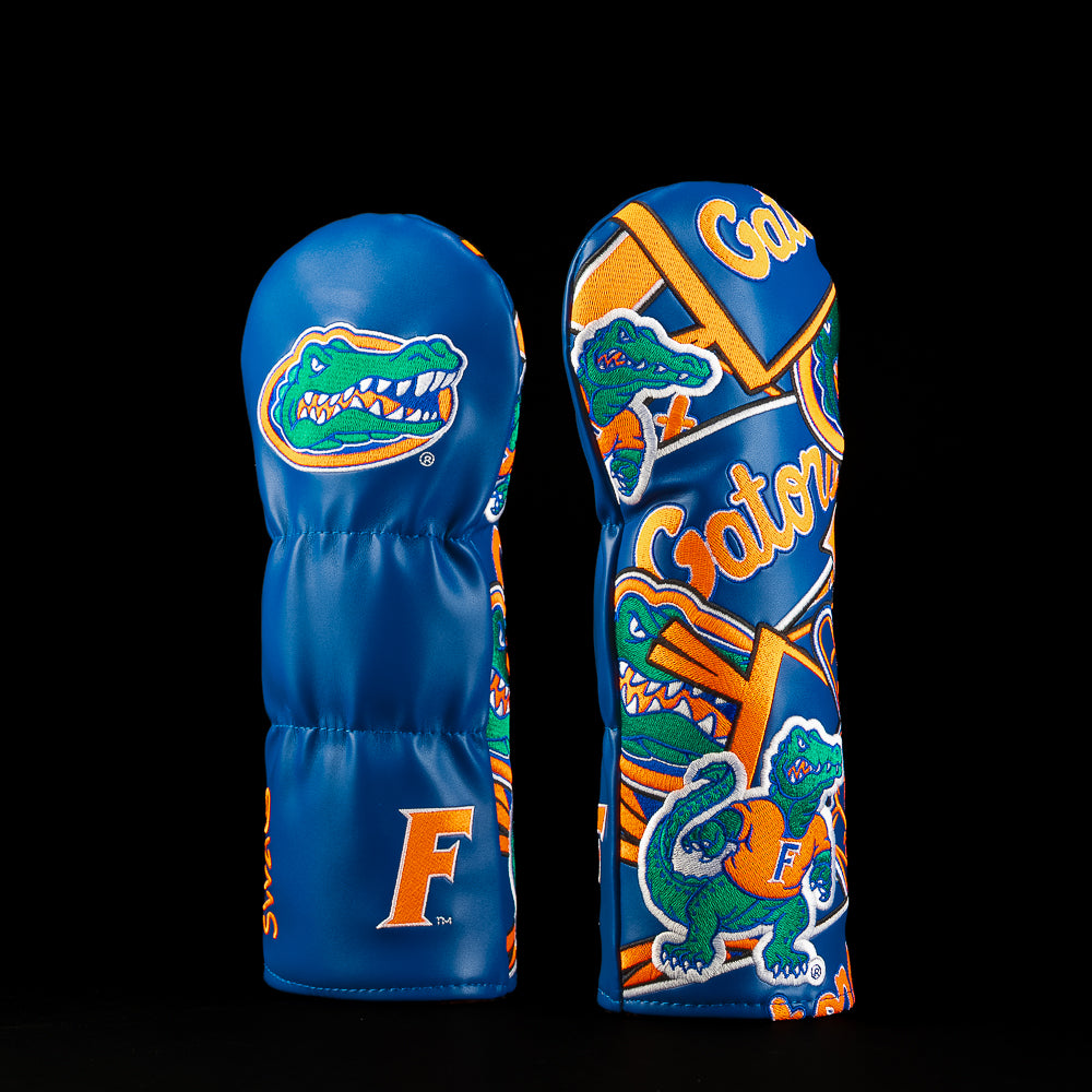 University of Florida Fighting Gators Fairway Cover in orange and blue featuring multiple illustrated gators, Florida F detailing, Gators lettering, and Florida Gators logo.