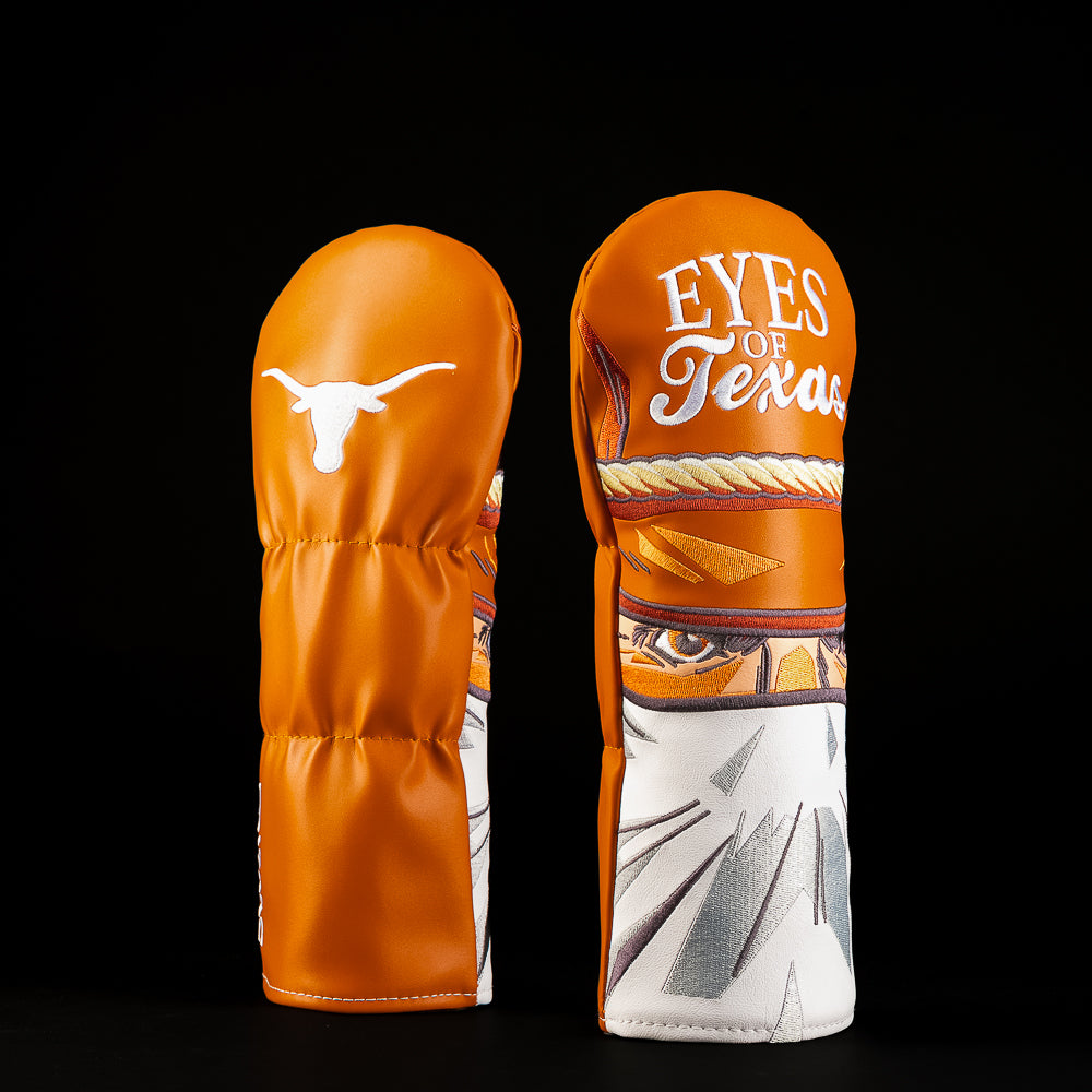 Burnt orange University of Texas fairway golf headcover featuring a white Longhorn logo, “Eyes of Texas” lettering and detailed Western-inspired artwork.