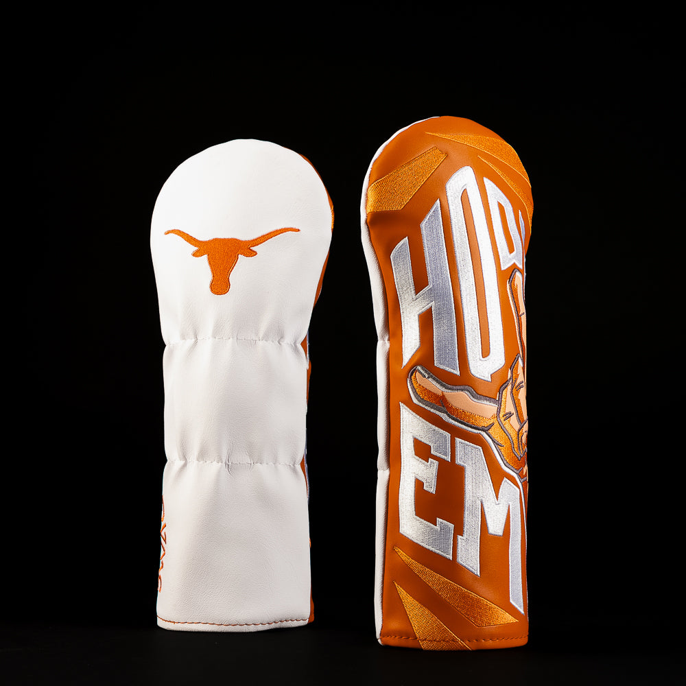 White and burnt orange University of Texas fairway golf headcover featuring the Longhorn logo and oversized “Hook Em” lettering across the front.