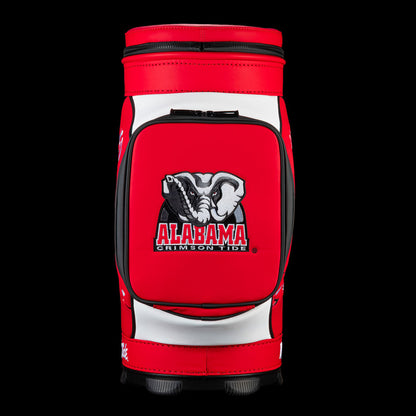 Alabama Crimson Tide Den Caddy Cooler featuring Alabama elephant artwork and Crimson Tide lettering on a crimson pocket