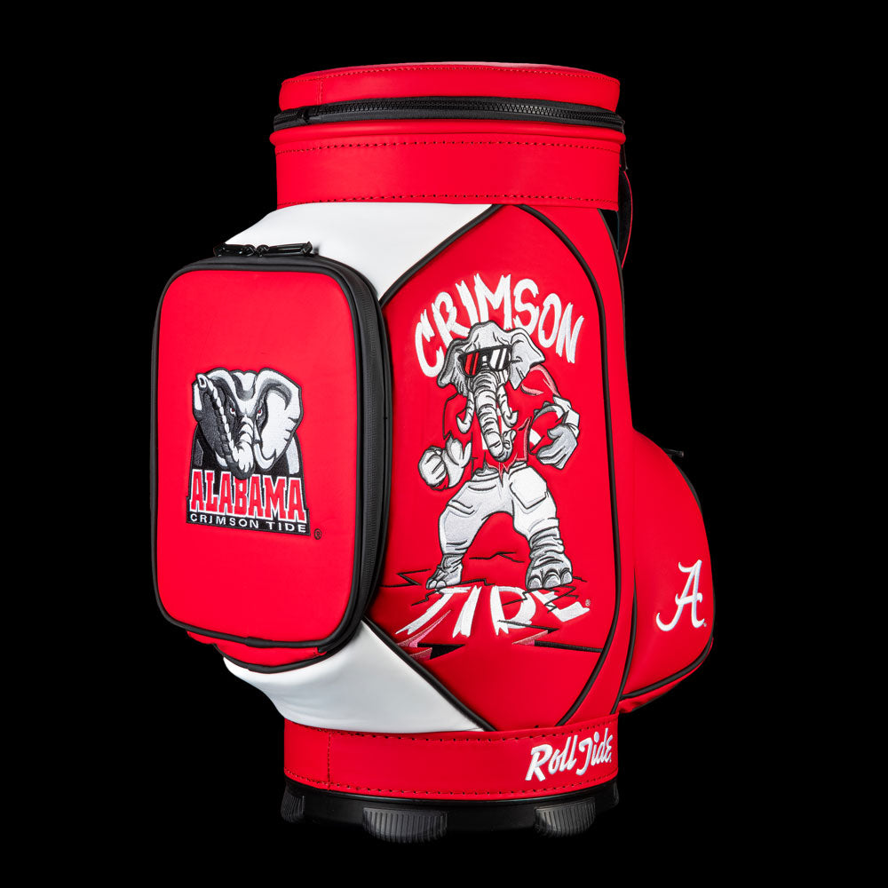 Alabama Crimson Tide Den Caddy Cooler featuring Big Al mascot artwork, Crimson lettering, and Alabama elephant logo pocket