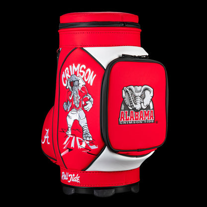 Alabama Crimson Tide Den Caddy Cooler with illustrated Big Al mascot, bold crimson graphics, white panels, and Alabama logo pocket