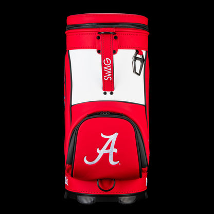 Alabama Crimson Tide Den Caddy Cooler featuring crimson and white color blocking, script A pocket, SWAG zipper pull, and bottle opener