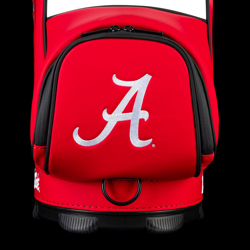 Alabama Crimson Tide Den Caddy Cooler front pocket featuring white script A logo on crimson with black trim