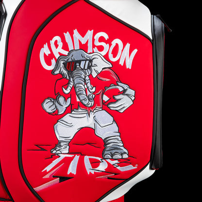 Alabama Crimson Tide Den Caddy Cooler detail featuring illustrated Big Al mascot, Crimson lettering, and bold crimson and white graphics