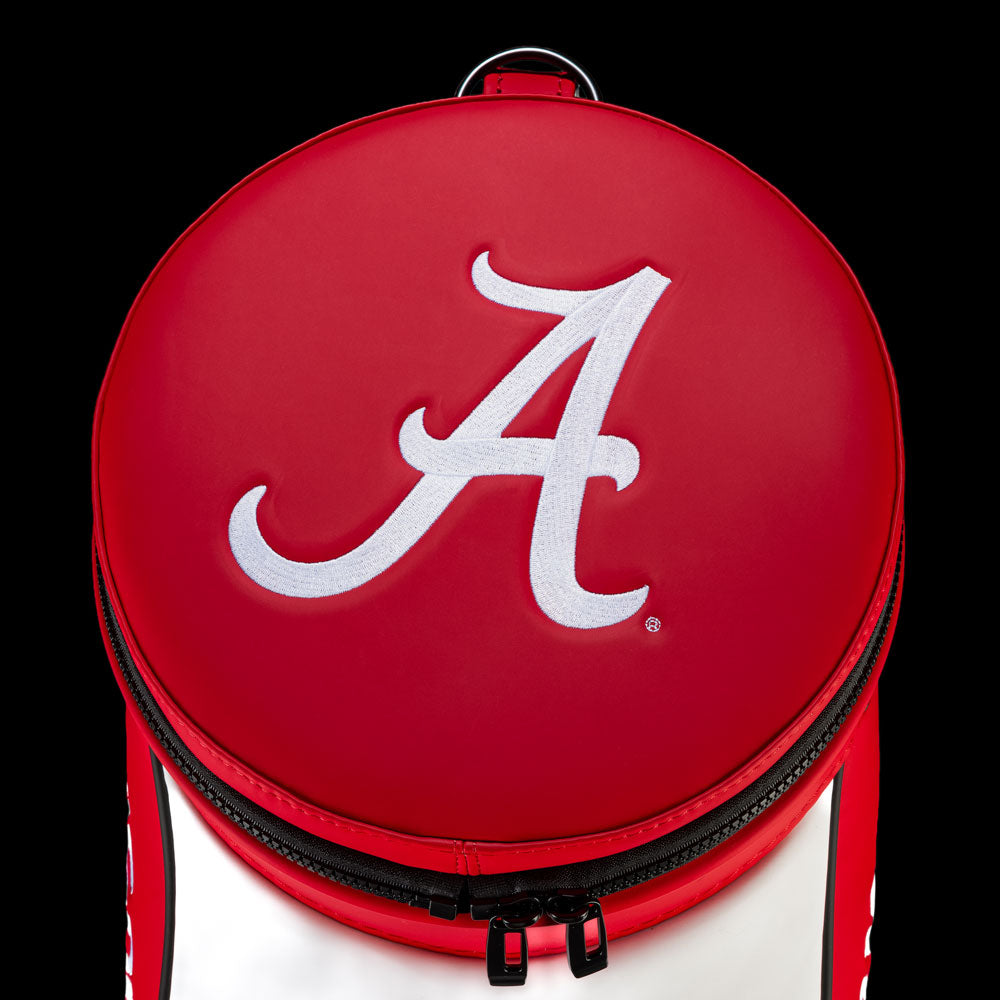 Alabama Crimson Tide Den Caddy Cooler top detail featuring white script A logo on crimson