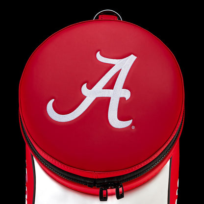 Alabama Crimson Tide Den Caddy Cooler top detail featuring white script A logo on crimson