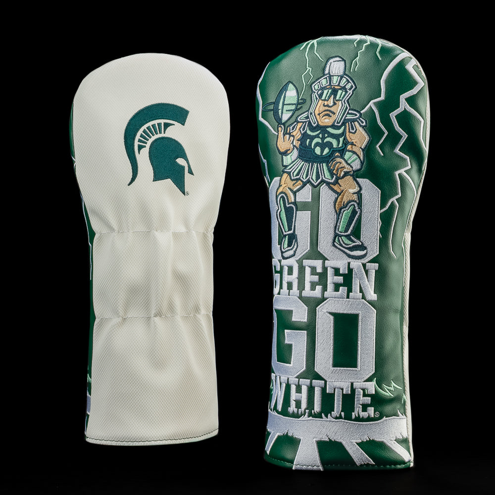 NCAA Michigan State Spartans driver cover with team colors, mascot, and “Go Green. Go White.”