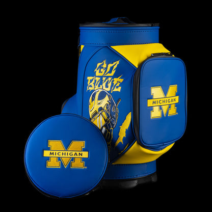 Michigan Wolverines Go Blue Den Caddy Cooler in maize and blue with Go Blue graphics, Wolverine mascot artwork, and block M logo