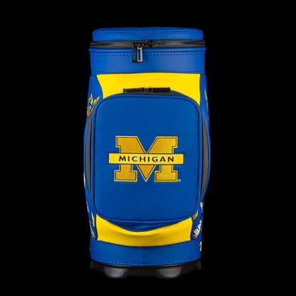 Michigan Wolverines Go Blue Den Caddy Cooler with maize and blue color blocking and Michigan block M pocket