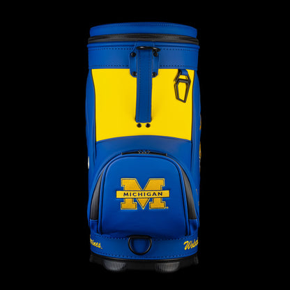 Michigan Wolverines Go Blue Den Caddy Cooler featuring maize back panel, blue pocket, and Michigan block M logo