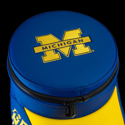 Michigan Wolverines Go Blue Den Caddy Cooler top detail featuring maize Michigan block M logo on blue