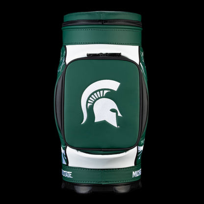 Michigan State Go Green Go White Den Caddy Cooler with white center panel and oversized Spartan helmet graphic
