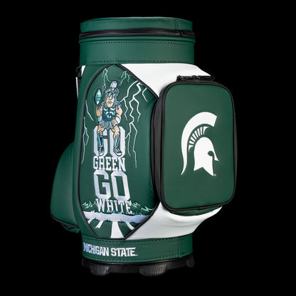 Michigan State Go Green Go White Den Caddy Cooler with Sparty mascot, lightning bolt graphics, bold typography, and green color blocking