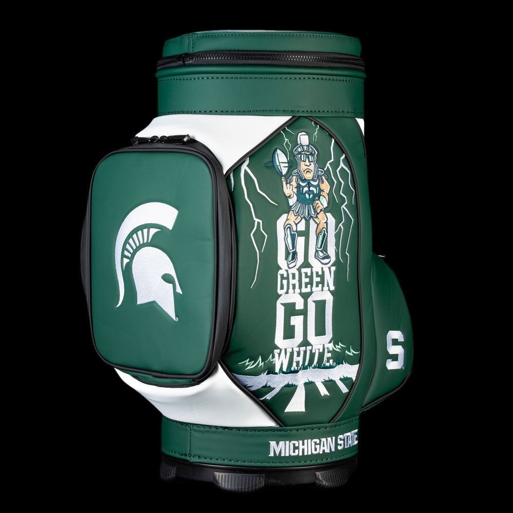 Michigan State Go Green Go White Den Caddy Cooler featuring Sparty mascot artwork, Go Green Go White lettering, and Spartan helmet pocket