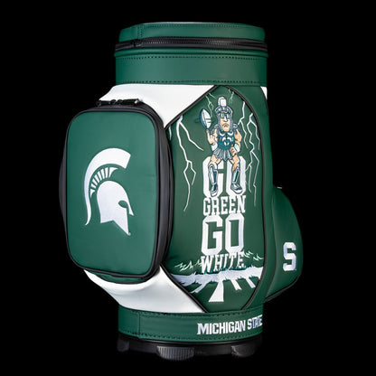Michigan State Go Green Go White Den Caddy Cooler featuring Sparty mascot artwork, Go Green Go White lettering, and Spartan helmet pocket
