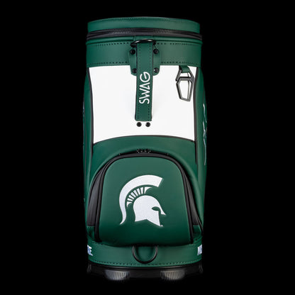 Michigan State Go Green Go White Den Caddy Cooler featuring white back panel, green trim, zipper detailing, and Spartan helmet logo