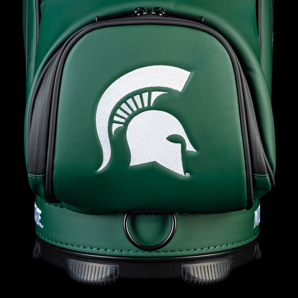 Michigan State Go Green Go White Den Caddy Cooler front pocket featuring oversized white Spartan helmet logo on green