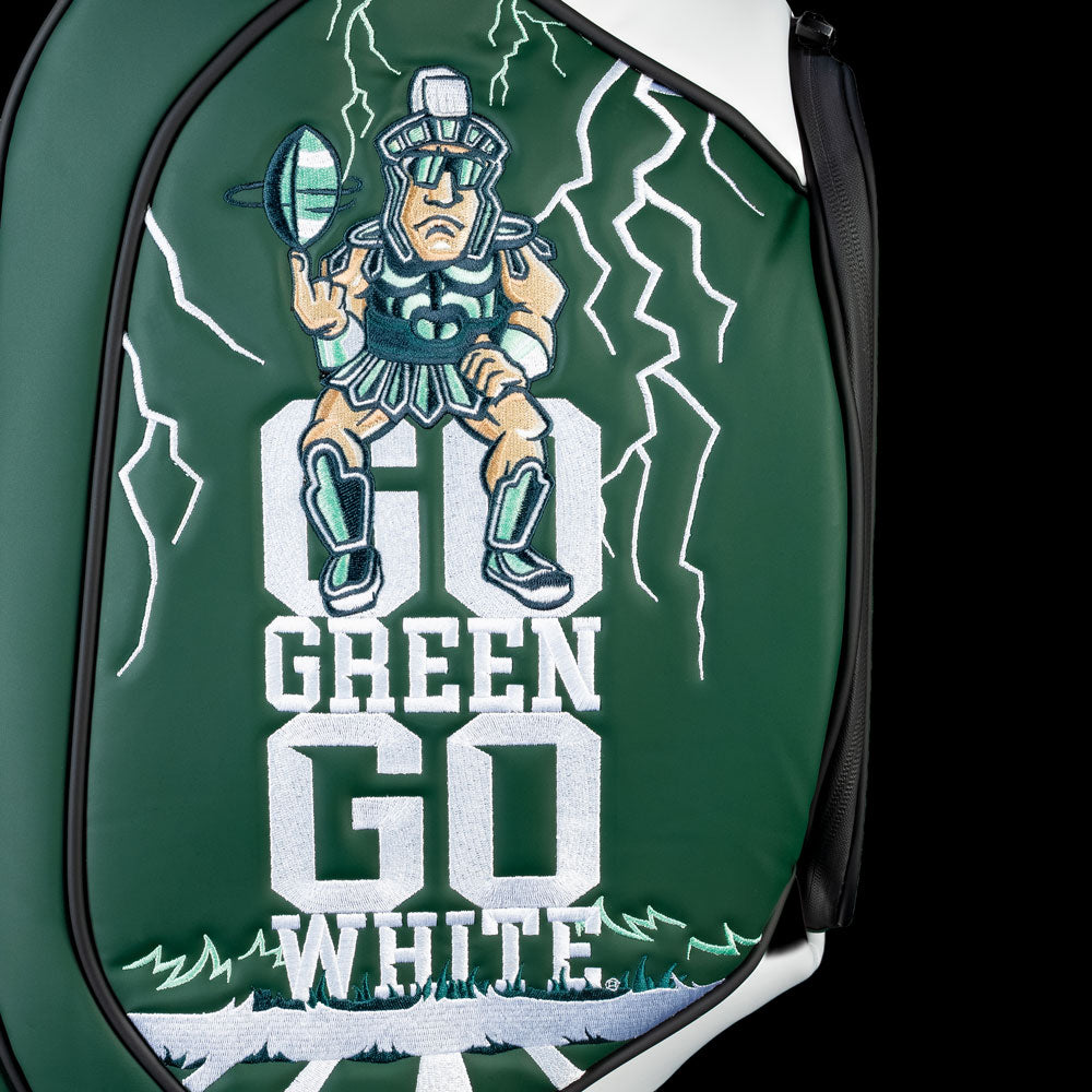 Michigan State Go Green Go White Den Caddy Cooler detail featuring Sparty mascot, lightning bolts, and Go Green Go White typography