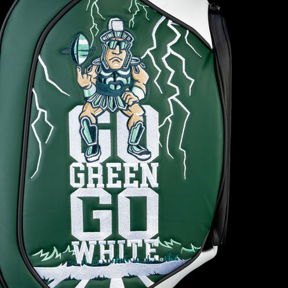 Michigan State Go Green Go White Den Caddy Cooler detail featuring Sparty mascot, lightning bolts, and Go Green Go White typography