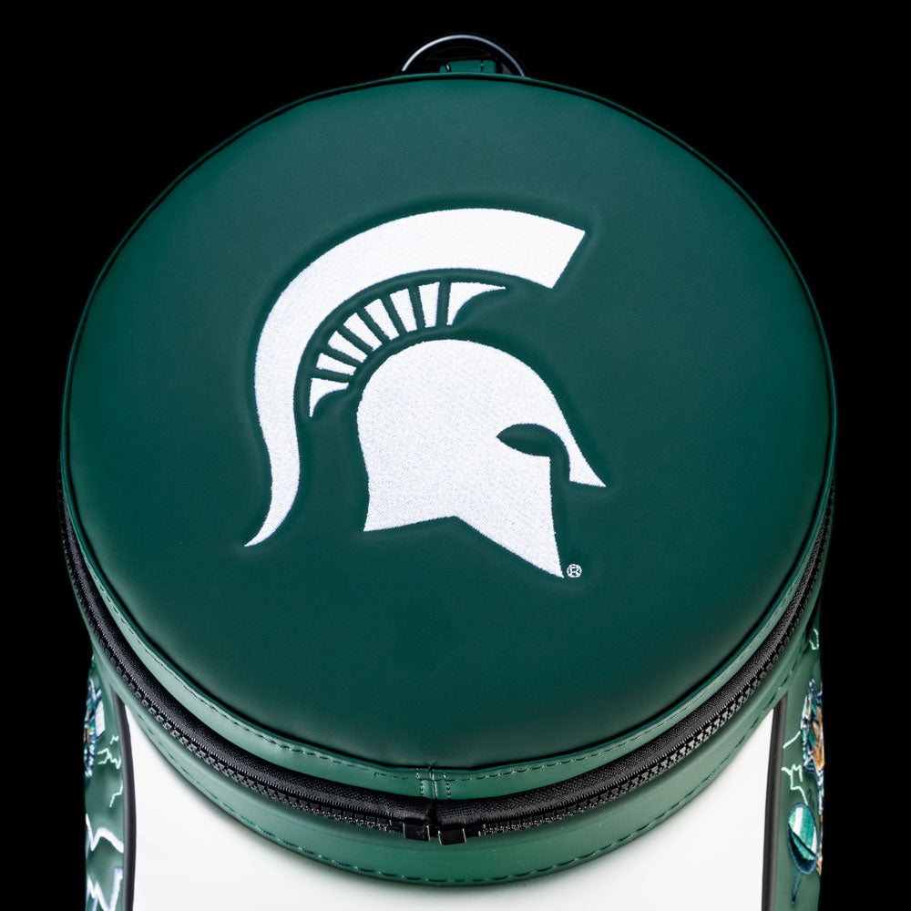 Michigan State Go Green Go White Den Caddy Cooler top detail featuring white Spartan helmet logo on deep green