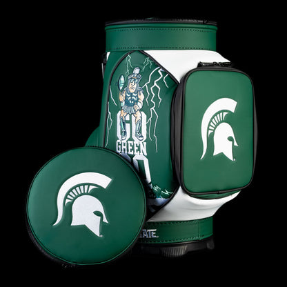 Michigan State Go Green Go White Den Caddy Cooler in Spartan green and white with Sparty artwork, lightning graphics, and Spartan helmet logos