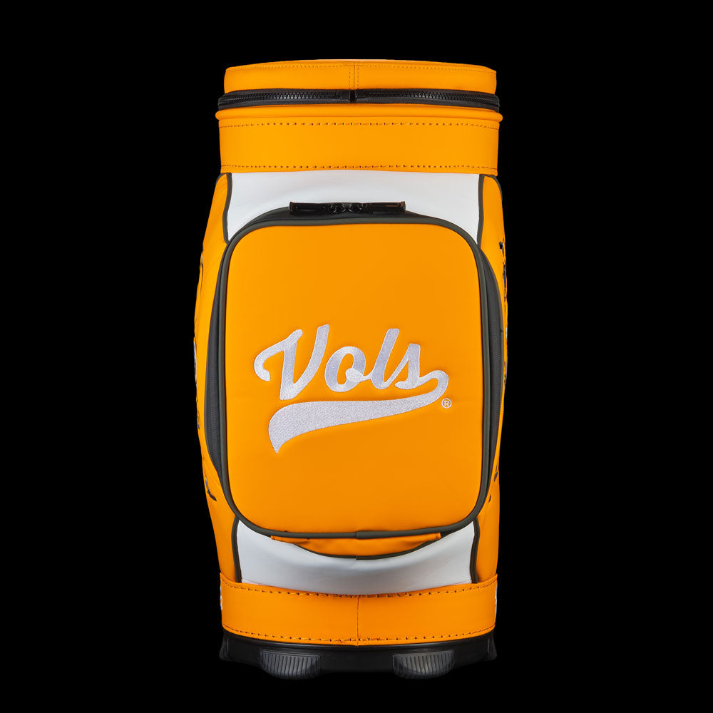 Side view of Tennessee Volunteers Smokey Den Caddy Cooler featuring white Vols script on an orange accessory pocket