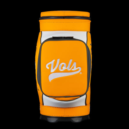 Side view of Tennessee Volunteers Smokey Den Caddy Cooler featuring white Vols script on an orange accessory pocket