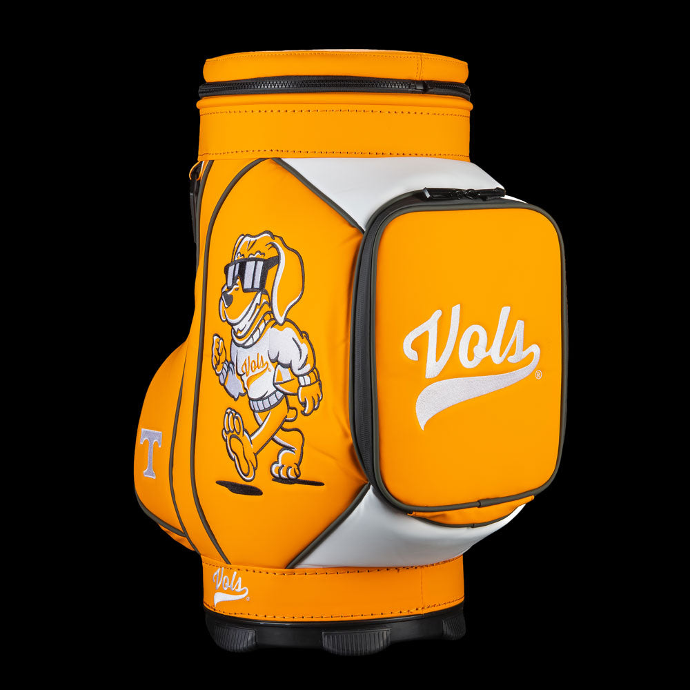 Angled view of Tennessee Volunteers Smokey Den Caddy Cooler with Smokey mascot artwork, white side panel, and Vols script pocket