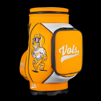 Angled view of Tennessee Volunteers Smokey Den Caddy Cooler with Smokey mascot artwork, white side panel, and Vols script pocket