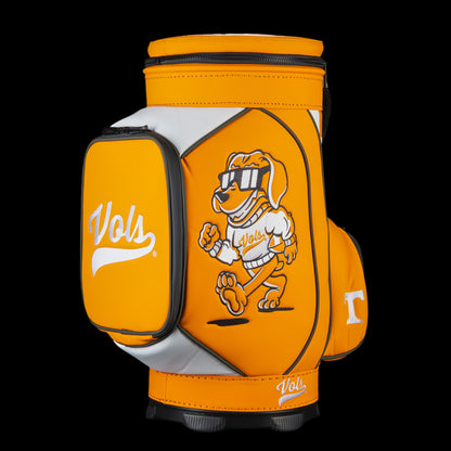 Side view of Tennessee Volunteers Smokey Den Caddy Cooler featuring Smokey in sunglasses, Vols script, and orange and white panels