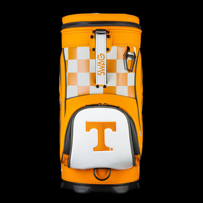 Back view of Tennessee Volunteers Smokey Den Caddy Cooler with orange and white checkerboard detailing and Power T logo