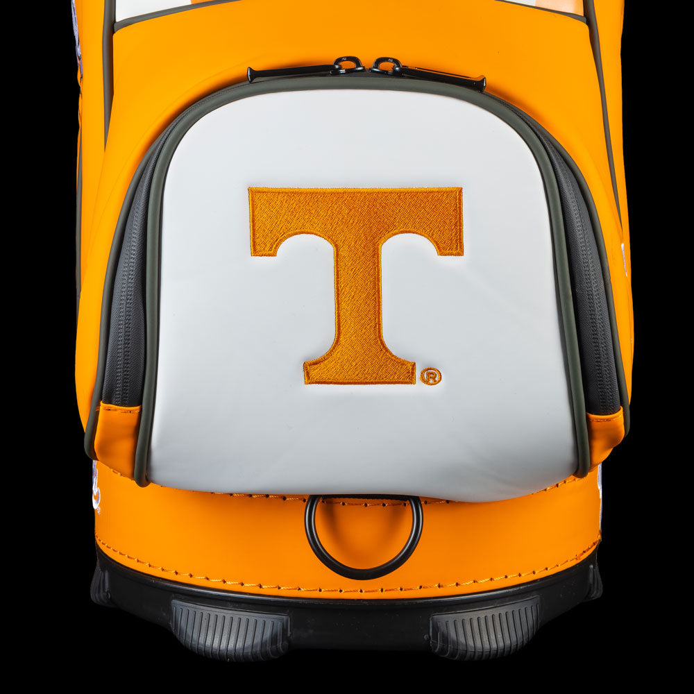 Close-up of Tennessee Volunteers Smokey Den Caddy Cooler featuring an orange Power T on a white accessory pocket