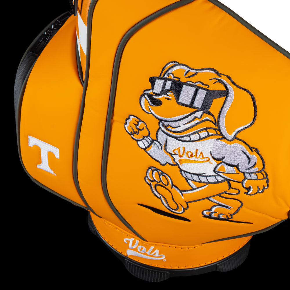 Close-up of Tennessee Volunteers Smokey Den Caddy Cooler featuring Smokey in sunglasses and a white Power T logo